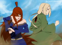 Rule 34 | 2girls, bare shoulders, blonde hair, breasts, brown hair, cleavage, hair over one eye, multiple girls, nail polish, naruto (series), naruto shippuuden, terumi mei, topknot, tsunade (naruto), twintails