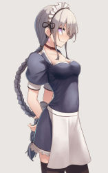 Rule 34 | 1girl, absurdres, amekaze yukinatsu, apron, arms behind back, bad id, bad pixiv id, black thighhighs, blush, braid, breasts, choker, cleavage, closed mouth, collarbone, cowboy shot, earrings, grey background, grey hair, highres, jewelry, long hair, looking at viewer, maid, medium breasts, original, profile, puffy short sleeves, puffy sleeves, purple eyes, short sleeves, sidelocks, simple background, single braid, solo, standing, tears, thighhighs, very long hair, waist apron, zettai ryouiki