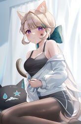 Rule 34 | 1girl, absurdres, alternate costume, animal ear fluff, animal ears, asymmetrical bangs, black pantyhose, black shorts, blonde hair, breasts, camisole, cat ears, cat tail, cleavage, collarbone, commentary, curtains, facial mark, genshin impact, grey hair, highres, indoors, jacket, light blush, long hair, long sleeves, looking at viewer, low ponytail, lynette (genshin impact), medium breasts, momyong, multicolored hair, pantyhose, pantyhose under shorts, purple eyes, short shorts, shorts, single hair intake, sitting, solo, star (symbol), streaked hair, tail, very long hair, wariza, white jacket