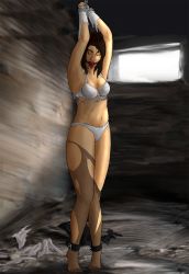 Rule 34 | all gag, armpits, bdsm, bondage, bound, bra, breasts, brown hair, chain, chained, cuffs, full body, gag, highres, panties, standing, suspension, torn clothes, underwear, white panties