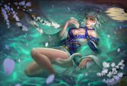 Rule 34 | 1girl, afloat, blurry, breasts, cherry blossoms, colored sclera, depth of field, earrings, east river, forked tongue, from above, green eyes, groin, highres, horns, japanese clothes, jewelry, kimono, kimono skirt, large breasts, looking at viewer, obi, original, parted lips, petals, headpat, pointy ears, reflection, revision, sash, slit pupils, snake, tongue, tongue out, water, wet, wet clothes, white hair, white snake, yellow sclera