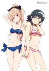 Rule 34 | 2girls, :d, absurdres, artist request, back-to-back, bikini, black hair, breasts, cleavage, collarbone, hair ornament, highres, holding hands, long hair, looking back, megami magazine, menou (virgin road), multiple girls, navel, non-web source, official art, one eye closed, open mouth, ponytail, purple eyes, shokei shoujo no virgin road, simple background, smile, swimsuit, tokitou akari, white background