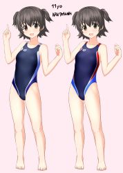Rule 34 | 10s, 1girl, absurdres, akagi miria, arena (company), bad id, bad pixiv id, bare legs, barefoot, bikini, black hair, brown eyes, competition swimsuit, facing viewer, highres, idolmaster, idolmaster cinderella girls, index finger raised, multiple views, one-piece swimsuit, pink background, short hair, simple background, standing, swimsuit, takafumi, twintails, two side up