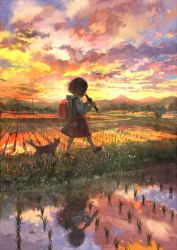 Rule 34 | 1girl, backpack, bag, cat, child, cloud, evening, flute, from side, full body, grass, holding, holding flute, holding instrument, instrument, long sleeves, music, original, outdoors, playing instrument, pon (cielo), randoseru, recorder, reflection, rice paddy, scenery, school uniform, shirt, short hair, skirt, sky, sunset, walking, water, white shirt, wide shot