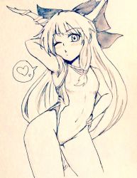 Rule 34 | 1girl, alternate costume, arm up, bare legs, breasts, commentary request, competition swimsuit, covered navel, cowboy shot, d-m (dii emu), eyelashes, greyscale, hand on own hip, heart, horns, ibuki suika, long hair, looking at viewer, monochrome, o3o, one-piece swimsuit, oni horns, open mouth, spoken heart, swimsuit, touhou, traditional media, very long hair