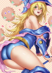 Rule 34 | 1girl, :d, ass, bare shoulders, blonde hair, blue footwear, blush, blush stickers, breasts, dark magician girl, dress, duel monster, from side, green eyes, hair between eyes, hat, highres, hikari (komitiookami), kuriboh, large breasts, long hair, looking at viewer, looking to the side, off-shoulder dress, off shoulder, open mouth, smile, solo, vambraces, wand, wizard hat, yu-gi-oh!