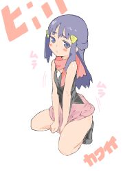 Rule 34 | 1girl, bad drawr id, bad id, bare arms, bare legs, between legs, bisyamon, black shirt, blue eyes, blue hair, blush stickers, breasts, closed mouth, creatures (company), dawn (pokemon), game freak, grey socks, hand between legs, kneeling, light frown, long hair, looking at viewer, motion lines, nintendo, oekaki, pink skirt, pokemon, pokemon dppt, shirt, simple background, skirt, sleeveless, sleeveless shirt, small breasts, socks, solo, sound effects, thighs, triangle hair ornament, white background