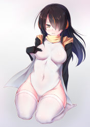 Rule 34 | 10s, 1girl, ame wa a ga tsutano?, black hair, black jacket, brown eyes, covered navel, emperor penguin (kemono friends), hair over one eye, headphones, highleg, highleg leotard, highres, impossible clothes, impossible leotard, jacket, kemono friends, kneeling, leotard, long hair, looking at viewer, multicolored hair, open clothes, seiza, sitting, solo, thighhighs, white leotard, white thighhighs