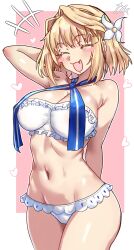 Rule 34 | +++, 1girl, absurdres, archetype earth, arcueid brunestud, bandeau, bare shoulders, bikini, blonde hair, blush, blush stickers, breasts, cleavage, closed eyes, ebora, fang, fate/grand order, fate (series), flower, hair flower, hair intakes, hair ornament, highres, large breasts, navel, neck ribbon, open mouth, ribbon, short hair, smile, solo, strapless, strapless bikini, swimsuit, thighs, tsukihime, white bikini