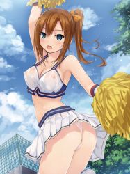 Rule 34 | 1girl, :d, arm up, ass, blue eyes, bow, breasts, brown hair, cheerleader, cleavage, clothes lift, coffee-kizoku, covered erect nipples, crop top, crop top overhang, dengeki moeou, fang, hair bow, highres, leg up, long hair, looking at viewer, looking back, midriff, nipples, no bra, open mouth, outdoors, panties, pleated skirt, pom pom (cheerleading), scan, see-through, side ponytail, skirt, skirt lift, smile, solo, sweat, thighhighs, thong, twisted torso, underwear, wet, wet clothes, white panties, white thighhighs