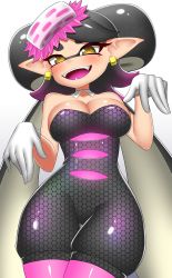 Rule 34 | + +, 1girl, :d, absurdres, bare shoulders, black hair, black jumpsuit, blush, breasts, callie (splatoon), cleavage, detached collar, earrings, eyebrows, female focus, food, food on head, gloves, gradient background, highres, jewelry, jumpsuit, large breasts, long hair, looking at viewer, mole, mole under eye, nintendo, object on head, open mouth, pero (pero7762), pointy ears, shiny clothes, smile, solo, splatoon (series), sushi, teeth, tentacle hair, thick eyebrows, white gloves, yellow eyes