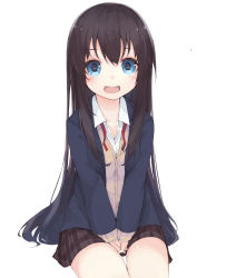 Rule 34 | 1girl, :d, black hair, blazer, blue eyes, blush, cardigan, highres, jacket, kou mashiro, long hair, long sleeves, looking at viewer, open clothes, open jacket, open mouth, original, own hands clasped, own hands together, plaid, plaid skirt, school uniform, simple background, sitting, skirt, smile, solo, sweater, very long hair, white background