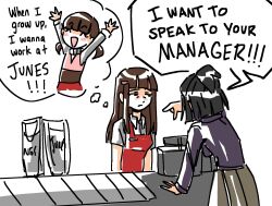 Rule 34 | 2girls, aged up, apron, brown hair, cash register, cashier, doujima nanako, employee uniform, english text, gimmie20dollas, hair ornament, hairclip, highres, hime cut, imagining, long hair, multiple girls, persona, persona 4, red apron, sad, solo focus, speech bubble, store clerk, thought bubble, uniform