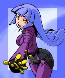 Rule 34 | 1girl, :d, ass, belt, blue background, blunt bangs, bodysuit, border, breasts, buckle, cowboy shot, kula diamond, looking at viewer, lowres, open mouth, outstretched arm, purple bodysuit, red eyes, simple background, smile, snk, solo, spread fingers, the king of fighters