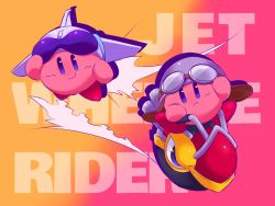 Rule 34 | closed mouth, commentary request, creature, english text, frown, goggles, gradient background, helmet, jet kirby, kirby, kirby&#039;s dream land, kirby (series), kirby super star, looking at viewer, minamo (pixiv17726065), nintendo, no humans, orange background, pink background, purple eyes, riding, smile