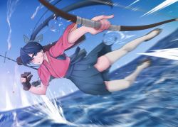 Rule 34 | 10s, 1girl, action, arrow (projectile), black hair, blue eyes, bow (weapon), gloves, hair ribbon, houshou (kancolle), japanese clothes, jumping, kantai collection, long hair, looking at viewer, midair, motion blur, ponytail, quiver, ribbon, sandals, solo, thighhighs, toritora, torn clothes, very long hair, weapon
