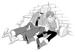 Rule 34 | 1boy, 1girl, belt, boots, brick wall, chilchuck tims, choker, cleaning, closed mouth, dungeon meshi, fingerless gloves, gloves, greyscale, lockpick, long sleeves, maiko (setllon), marcille donato, monochrome, pants, pointy ears, ponytail, robe, sandals, shirt, short hair, sitting, sleeping, sleeping bag, sleeping upright, sweatdrop, vest