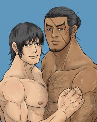 Rule 34 | 2boys, absurdres, bara, black hair, couple, dark-skinned male, dark skin, golden kamuy, hairy, hei 0079, highres, kirawus (golden kamuy), large pectorals, long sideburns, looking at viewer, male focus, mature male, multiple boys, muscular, muscular male, nude, pectoral docking, pectoral press, pectorals, rikimatsu ariko, scar, scar on face, sideburns, smile, sparse chest hair, thick chest hair, thick eyebrows, upper body, yaoi
