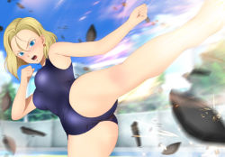 Rule 34 | 1girl, absurdres, android 18, ass, blonde hair, blue eyes, blush, breasts, cameltoe, dragon ball, dragonball z, earrings, female focus, fighting stance, highres, jewelry, large breasts, leg up, legs, looking at viewer, open mouth, pool, serious, short hair, shueisha, sky, solo, swimsuit, thighs, water, yadokari genpachirou