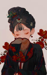 Rule 34 | 1girl, black hair, black kimono, blurry, blurry background, cherry earrings, chromatic aberration, closed eyes, closed mouth, earrings, eyelashes, eyeshadow, flower, food-themed earrings, food themed earrings, hair bun, hair ornament, hairclip, hand fan, holding, holding fan, japanese clothes, jewelry, kimono, leaf, lipstick, long sleeves, makeup, mian lang, original, red flower, red lips, red rose, rose, sidelocks, simple background, sleeves past wrists, solo, traditional clothes, upper body