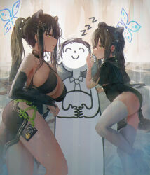Rule 34 | 1boy, 2girls, animal ears, doodle sensei (blue archive), ass, bare shoulders, betabeet, black dress, black hair, blue archive, blush, breasts, bridal gauntlets, china dress, chinese clothes, dress, green eyes, halo, highres, large breasts, long hair, lying, multiple girls, on back, on side, open mouth, pelvic curtain, sensei (blue archive), short sleeves, shun (blue archive), shun (small) (blue archive), sleeping, smile, thighhighs, tiger ears, whispering, white thighhighs, zzz