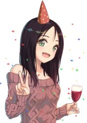 Rule 34 | 1girl, :d, bare shoulders, birthday, breasts, brown hair, celebration, confetti, cup, drinking glass, fang, green eyes, hat, highres, holding, holding cup, holding drinking glass, itachi kanade, looking at viewer, medium breasts, off-shoulder, off-shoulder sweater, off shoulder, open mouth, original, party hat, red sweater, simple background, sleeves past wrists, smile, solo, sweater, upper body, v, white background, wine glass