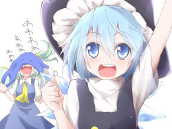 Rule 34 | 2girls, arm up, ascot, black dress, blue dress, blue eyes, blue hair, cirno, smelling clothes, cosplay, daiyousei, dress, drooling, fairy wings, female pervert, fist pump, green hair, hair ribbon, hat, highres, hiro (pqtks113), ice, ice wings, kirisame marisa, kirisame marisa (cosplay), multiple girls, open mouth, pervert, ribbon, round teeth, shirt, side ponytail, smelling, smile, teeth, touhou, wings, witch hat