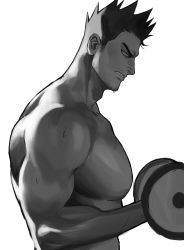 Rule 34 | 1boy, absurdres, blue eyes, boku no hero academia, dumbbell, endeavor (boku no hero academia), facial hair, from side, greyscale, highres, large pectorals, male focus, monochrome, muscular, no nipples, pectorals, samuraisamurai, scar, scar across eye, scar on face, solo, spiked hair, stubble, topless male, upper body, white background
