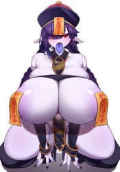 Rule 34 | 1girl, 5danny1206, absurdres, black hat, black nails, black thighhighs, blue tongue, braid, breasts, colored skin, colored tongue, commentary, covered erect nipples, curvy, full body, gigantic breasts, grey skin, hat, highres, jiangshi, long hair, looking at viewer, ofuda, ofuda on clothes, open mouth, original, pelvic curtain, pointy ears, purple hair, qingdai guanmao, red eyes, simple background, skindentation, solo, squatting, thighhighs, tongue, tongue out, twin braids, variant set, white background