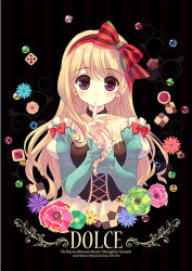 Rule 34 | 1girl, artist name, bad id, bad pixiv id, black background, blonde hair, bow, candy, choker, dated, dress, english text, flower, food, hair bow, italian text, long hair, looking at viewer, original, purple eyes, santa matsuri, simple background, solo