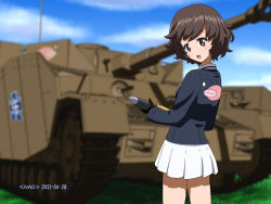 Rule 34 | 1girl, akiyama yukari, anglerfish, artist name, black gloves, blue jacket, blue sky, brown eyes, brown hair, cloud, cloudy sky, commentary request, dated, day, emblem, fish, from behind, girls und panzer, gloves, holding, jacket, long sleeves, looking at viewer, looking back, messy hair, military, military uniform, military vehicle, miniskirt, motor vehicle, naotosi, ooarai (emblem), ooarai military uniform, open mouth, outdoors, panzer iv, panzer iv, pleated skirt, short hair, skirt, sky, smile, solo, standing, tank, tank shell, uniform, white skirt