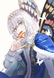 Rule 34 | 1boy, blue eyes, bug, butterfly, butterfly on hand, butterfly wings, cape, fate/grand order, fate (series), highres, insect, insect on finger, insect wings, male focus, oberon (fate), poppoman, silver hair, smile, solo, white background, wings