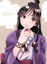 Rule 34 | 1girl, ace attorney, beads, black eyes, black hair, blank thought bubble, bracelet, brown background, curtained hair, finger to own chin, hair beads, hair ornament, hanten (clothes), highres, jacket, japanese clothes, jewelry, kimono, light blush, long hair, looking to the side, low-tied sidelocks, magatama, magatama necklace, maya fey, necklace, purple jacket, rat nkmi, red sash, sash, sidelocks, thinking, thought bubble, topknot, twitter username, upper body, white kimono