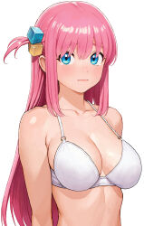 Rule 34 | 1girl, absurdres, bare shoulders, bikini, blue eyes, blush, bocchi the rock!, bra, breasts, cleavage, closed mouth, collarbone, commentary request, cube hair ornament, embarrassed, gotoh hitori, hair between eyes, hair ornament, highres, large breasts, lips, long hair, looking at viewer, midriff, one side up, pink hair, raiden (kdsn3783), simple background, solo, swimsuit, tearing up, underwear, upper body, white background, white bra