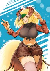 Rule 34 | 1girl, belt, big hair, bird girl, bird tail, bird wings, black hair, blonde hair, bow, breasts, brown shorts, dancing, greater bird-of-paradise (kemono friends), green hair, grey hair, hands up, hatch (hatch box), head wings, kemono friends, large breasts, long sleeves, midriff, multicolored hair, navel, open mouth, pink thighhighs, pocket, shirt, shorts, skindentation, smile, solo, stomach, tail, thighhighs, tied shirt, wings, yellow eyes