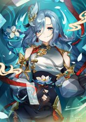 Rule 34 | 1girl, aqua eyes, bare shoulders, black pants, clothing cutout, commentary request, flower, genshin impact, grey hair, guzangnanfeng, hair ornament, head tilt, highres, holding, holding flower, long hair, long sleeves, looking at viewer, pants, partial commentary, shenhe (genshin impact), shirt, shoulder cutout, solo, very long hair, water, white flower, white shirt