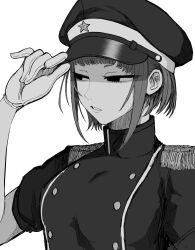 Rule 34 | 1girl, adjusting clothes, adjusting headwear, bob cut, buttons, double-breasted, gloves, greyscale, hair behind ear, half-closed eyes, hat, hatching (texture), highres, jacket, military hat, military jacket, military uniform, monochrome, original, parted lips, simple background, solo, tsurime, uniform, upper body, white background, zepitaph