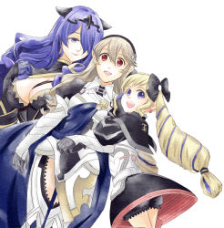 Rule 34 | 3girls, armor, blonde hair, breasts, camilla (fire emblem), cape, cleavage, corrin (female) (fire emblem), corrin (fire emblem), dress, earrings, elise (fire emblem), fire emblem, fire emblem fates, gloves, hair over one eye, hair ribbon, hairband, jewelry, large breasts, long hair, looking at another, looking at viewer, multicolored hair, multiple girls, nintendo, purple eyes, purple hair, red eyes, ribbon, siblings, simple background, sisters, twintails, two-tone hair, wischocco