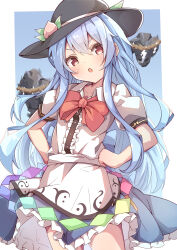 Rule 34 | 1girl, absurdres, apron, back bow, black headwear, blue background, blue bow, blue hair, blue skirt, bow, bowler hat, bowtie, center frills, collarbone, collared shirt, commentary, crossed bangs, flat chest, floating clothes, floating hair, frilled apron, frilled skirt, frills, gradient background, hair between eyes, hands on own hips, hat, hat ornament, head tilt, highres, hinanawi tenshi, light blush, long hair, looking at viewer, open mouth, puffy short sleeves, puffy sleeves, rainbow gradient, red bow, red bowtie, red eyes, rock, rope, saimu taju, shide, shimenawa, shirt, short sleeves, sidelocks, simple background, skirt, touhou, v-shaped eyebrows, white apron, white shirt