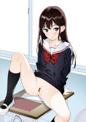 Rule 34 | 1girl, bar censor, black socks, black sweater, blush, bottomless, bow, bowtie, brown hair, censored, classroom, commentary request, desk, grey eyes, highres, kneehighs, long hair, long sleeves, looking at viewer, mary janes, moonsorrow, neckerchief, on desk, original, parted lips, pussy, red bow, red bowtie, red neckerchief, sailor collar, school uniform, serafuku, shoes, sitting, socks, solo, spread legs, sweater, uwabaki, white footwear, window, winter uniform