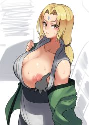 Rule 34 | 1girl, absurdres, blonde hair, grabbing another&#039;s breast, breasts, cleavage, disembodied limb, facial mark, forehead mark, grabbing, hello (minjong0625), highres, huge breasts, large breasts, long hair, looking at viewer, naruto, naruto (series), nipples, simple background, solo, sweat, tsunade (naruto), undressing, yellow eyes