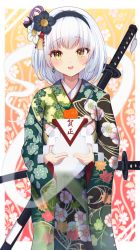 Rule 34 | 1girl, absurdres, black hairband, blush, border, floral print, food, fruit, green kimono, hair between eyes, hairband, highres, hitodama, japanese clothes, katana, kimono, konpaku youmu, konpaku youmu (ghost), long sleeves, looking at viewer, mandarin orange, new year, open mouth, print kimono, sheath, sheathed, short hair, silver hair, solo, sword, toketa-sekai, touhou, weapon, white border, wide sleeves, yellow eyes