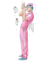 Rule 34 | 1boy, aqua footwear, aqua hair, detached wings, earrings, from side, full body, halo, hands up, hat, highres, holding, holding syringe, jewelry, male focus, nurse cap, original, pants, pink pants, pink shirt, rinotuna, shirt, shoes, short hair, short sleeves, simple background, solo, standing, syringe, tongue, tongue out, white background, wings