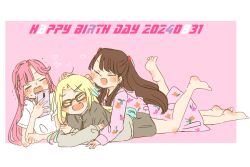 Rule 34 | 3girls, :d, anyoji hime, blonde hair, blue hair, blunt bangs, blush, border, brown hair, brown shirt, brown shorts, commentary, dated, dress, fang, feet up, floral print, fujishima megumi, full body, gradient hair, hair down, hair ornament, hairclip, happy birthday, holding, holding phone, kase (ks lys), light blue hair, link! like! love live!, long hair, long sleeves, love live!, lying, lying on person, mira-cra park!, multicolored hair, multiple girls, official alternate costume, official alternate hairstyle, on stomach, open mouth, osawa rurino, outside border, parted bangs, phone, pink background, pink dress, pink hair, print dress, shirt, shorts, sidelocks, smile, swept bangs, symbol-only commentary, t-shirt, twintails, two side up, virtual youtuber, white border, white shirt