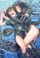 Rule 34 | 2girls, black hair, brown hair, chikuma (kancolle), chikuma kai ni (kancolle), closed eyes, elbow gloves, feet out of frame, gloves, hair ribbon, hand on another&#039;s face, kantai collection, long hair, lying, machinery, multiple girls, on side, pelvic curtain, ribbon, side slit, single elbow glove, single glove, tone (kancolle), tone kai ni (kancolle), torpedo launcher, twintails, water, white ribbon, zombie mogura