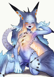 Rule 34 | 1girl, absurdres, armpits, blue hair, blue skin, blush, breasts, chest spike, clawed feet, colored skin, colored tongue, commentary request, completely nude, dragon girl, dragon tail, dragon wings, ekrea jan, elbow spikes, fang, full body, glowing, glowing chest, glowing hair, glowing wings, grey background, highres, horns, kneeling, long hair, looking at viewer, medium breasts, monster girl, monster hunter, monster hunter: world, monster hunter (series), multicolored skin, navel, no nipples, no pupils, no pussy, nude, one eye closed, open mouth, orange eyes, orange skin, personification, purple tongue, shoulder spikes, simple background, solo, spiked tail, spiked wings, spikes, stomach, tail, wings, xeno&#039;jiiva
