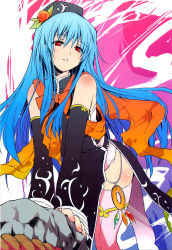 Rule 34 | 1girl, adapted costume, arm support, bare shoulders, blue hair, blush, body blush, bow, bowtie, detached sleeves, eretto, female focus, food, fruit, gradient hair, hat, highres, hinanawi tenshi, jpeg artifacts, keystone, leaning forward, long hair, multicolored hair, aged up, peach, red eyes, rope, shimenawa, side slit, solo, thighhighs, touhou