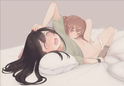 Rule 34 | 2girls, bed sheet, black hair, bottomless, breast sucking, brown eyes, brown hair, brown legwear, clothes lift, commentary request, fingering, flat chest, green shirt, grey background, haru nagoya, long hair, looking at another, looking away, lying, multiple girls, navel, on back, on bed, open mouth, orgasm, original, panties, panties around leg, pillow, sheet grab, shirt, shirt lift, simple background, socks, sweat, t-shirt, teeth, twintails, underwear, upper teeth only, wristband, yuri