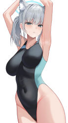 Rule 34 | 1girl, animal ear fluff, animal ears, armpits, arms up, berna forte, black one-piece swimsuit, blue archive, blue halo, breasts, commentary request, competition swimsuit, covered navel, cowboy shot, grey eyes, grey hair, halo, highleg, highleg swimsuit, highres, large breasts, long hair, looking at viewer, official alternate costume, one-piece swimsuit, parted lips, ponytail, presenting armpit, shiroko (blue archive), shiroko (swimsuit) (blue archive), short ponytail, simple background, solo, steaming body, sweat, swimsuit, white background, wolf ears