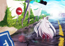Rule 34 | 1girl, bad id, bad pixiv id, bow, female focus, from behind, fujiwara no mokou, hair bow, long hair, pants, plant, reflection, road sign, sign, solo, touhou, traffic light, very long hair, water, white hair, wingedleek
